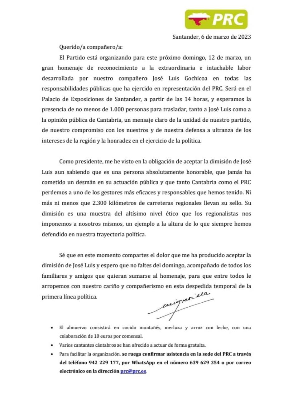 Carta de Miguel Ángel Revilla en la que invita a la militancia del PRC al homenaje al exconsejero de Obras Públicas José Luis Gochicoa