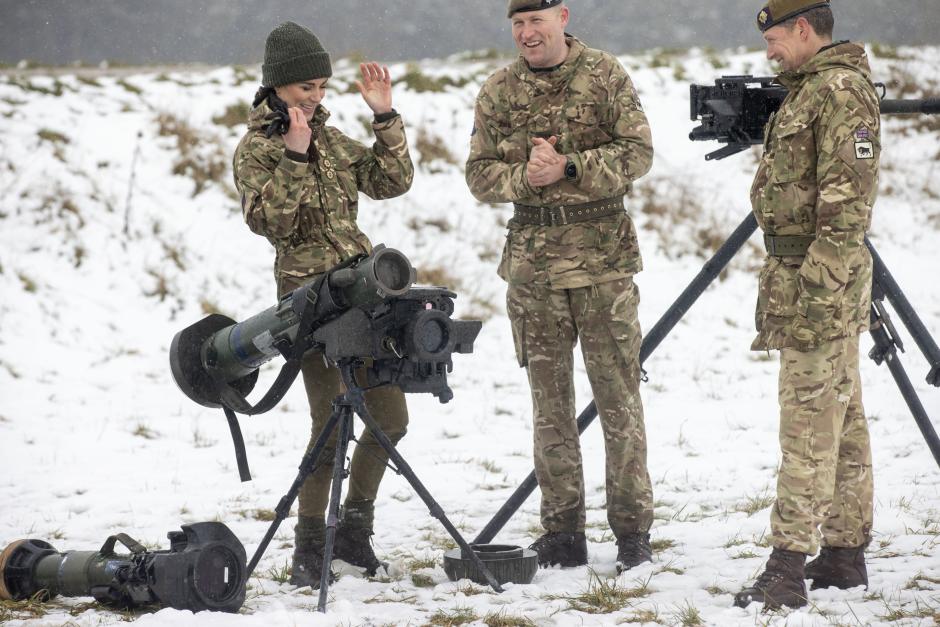 The Princess of Wales, Colonel of the Irish Guards, is shown weapon systems used by the Irish Guards, during her first visit to the 1st Battalion Irish Guards since becoming Colonel, at the Salisbury Plain Training Area in Wiltshire. Picture date: Wednesday March 8, 2023.