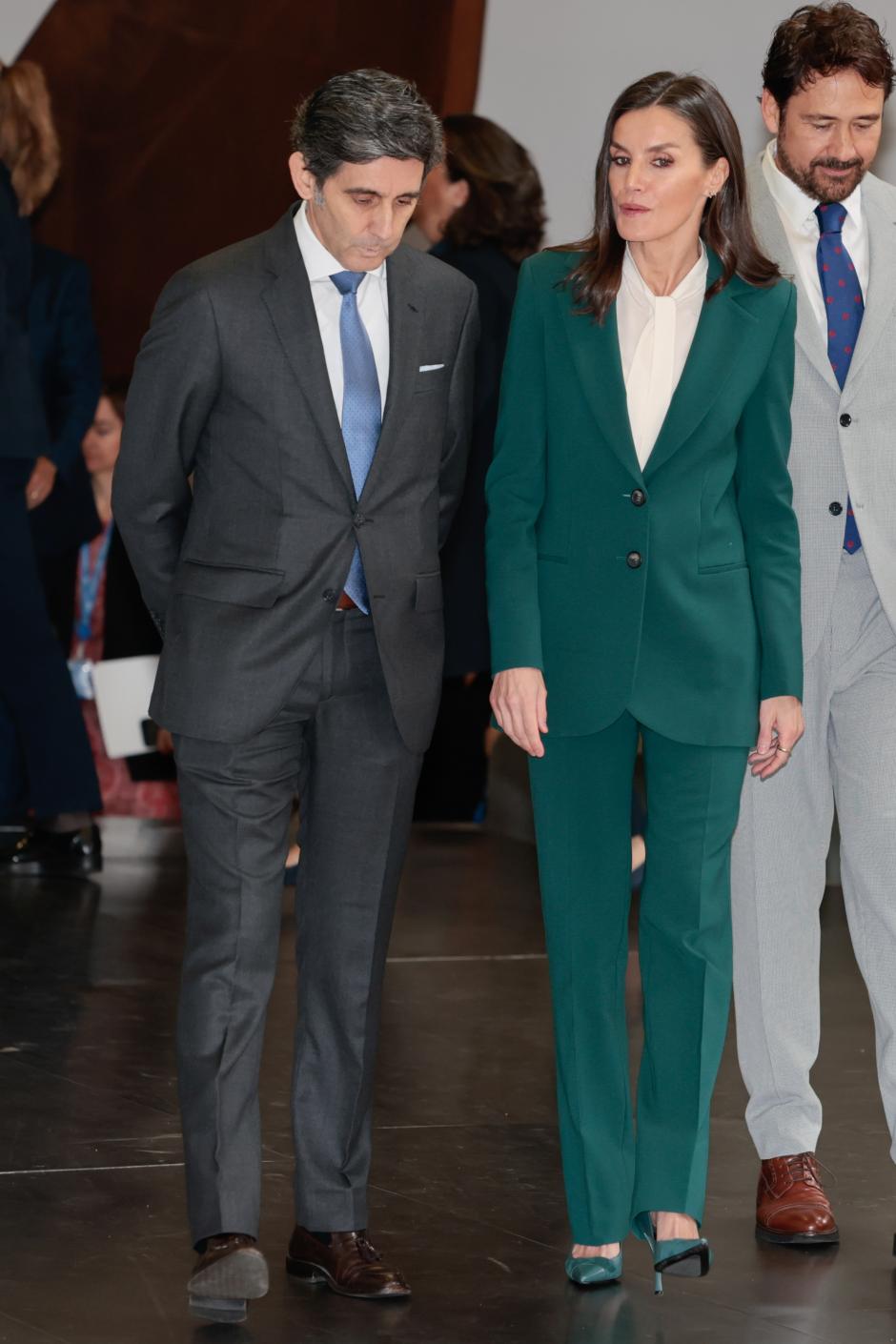 Spanish Queen Letizia and José María Álvarez-Pallete with Miguel Angel Tobias during premiere documentary film "El Camino Interior" in Madrid on Thursday, 9 March 2023.