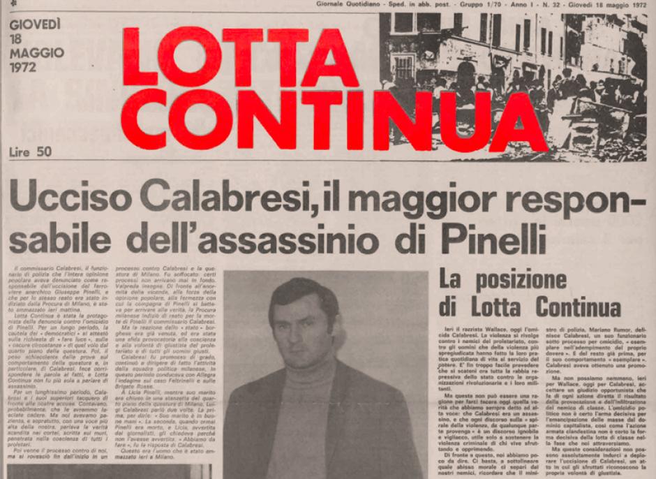 El periódico de 'Lotta Continua' en el que se cuenta la noticia del asesinato de Luigi Calabresi, al que se considera "responsable del asesinato de Pinelli"