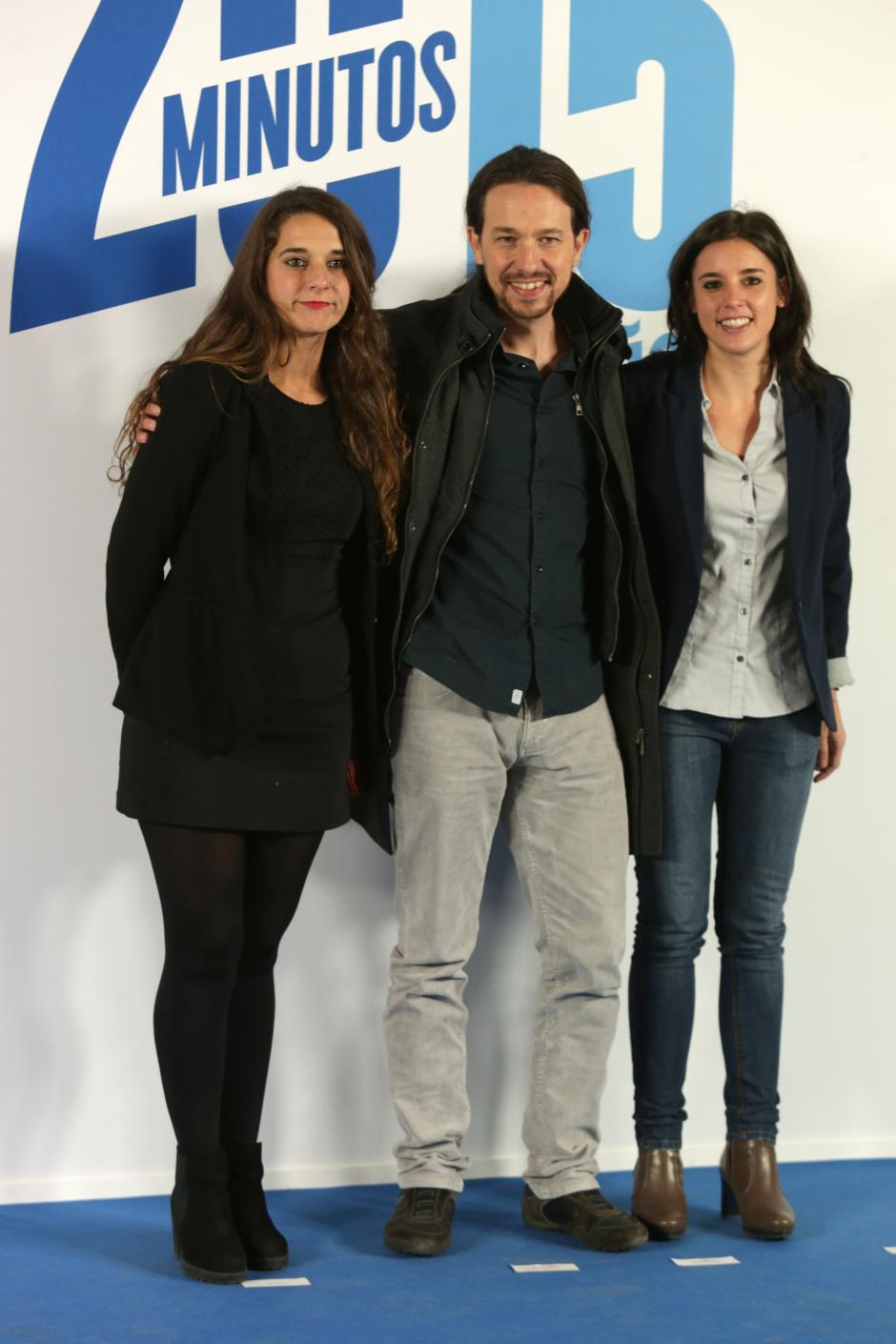 Poltiician Pablo Iglesias with Irene Montero and Noelia Vera at celebration of 15th Anniversary of 20Minutos Diary in Madrid. 24/11/2015