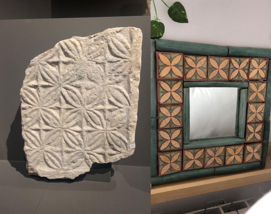 Fragmento de tablero de cancel (siglo IV) y marco de cerámica contemporánea
