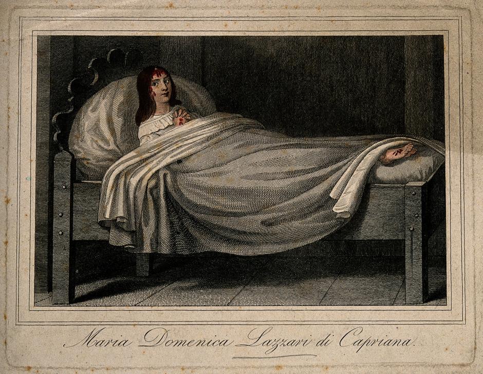 V0007062 Maria Domenica Lazzari, a girl who received the stigmata. Co
Credit: Wellcome Library, London. Wellcome Images
images@wellcome.ac.uk
http://wellcomeimages.org
Maria Domenica Lazzari, a girl who received the stigmata. Coloured engraving.
Published:  - 

Copyrighted work available under Creative Commons Attribution only licence CC BY 4.0 http://creativecommons.org/licenses/by/4.0/