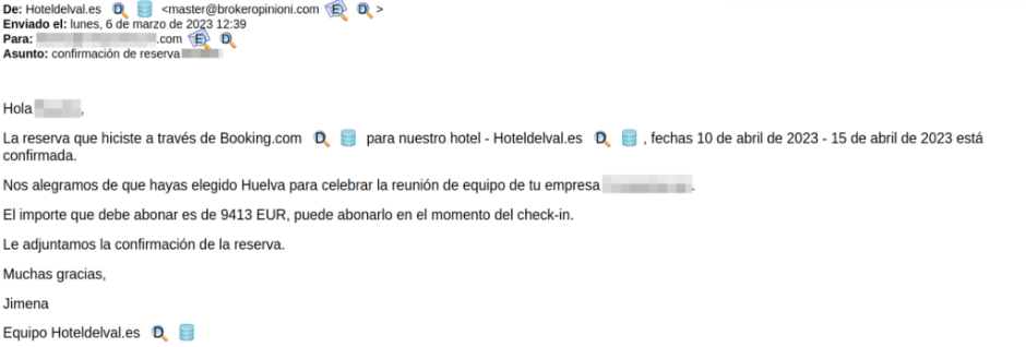 Ejemplo del email que suplanta a Booking. Foto: INCIBE.