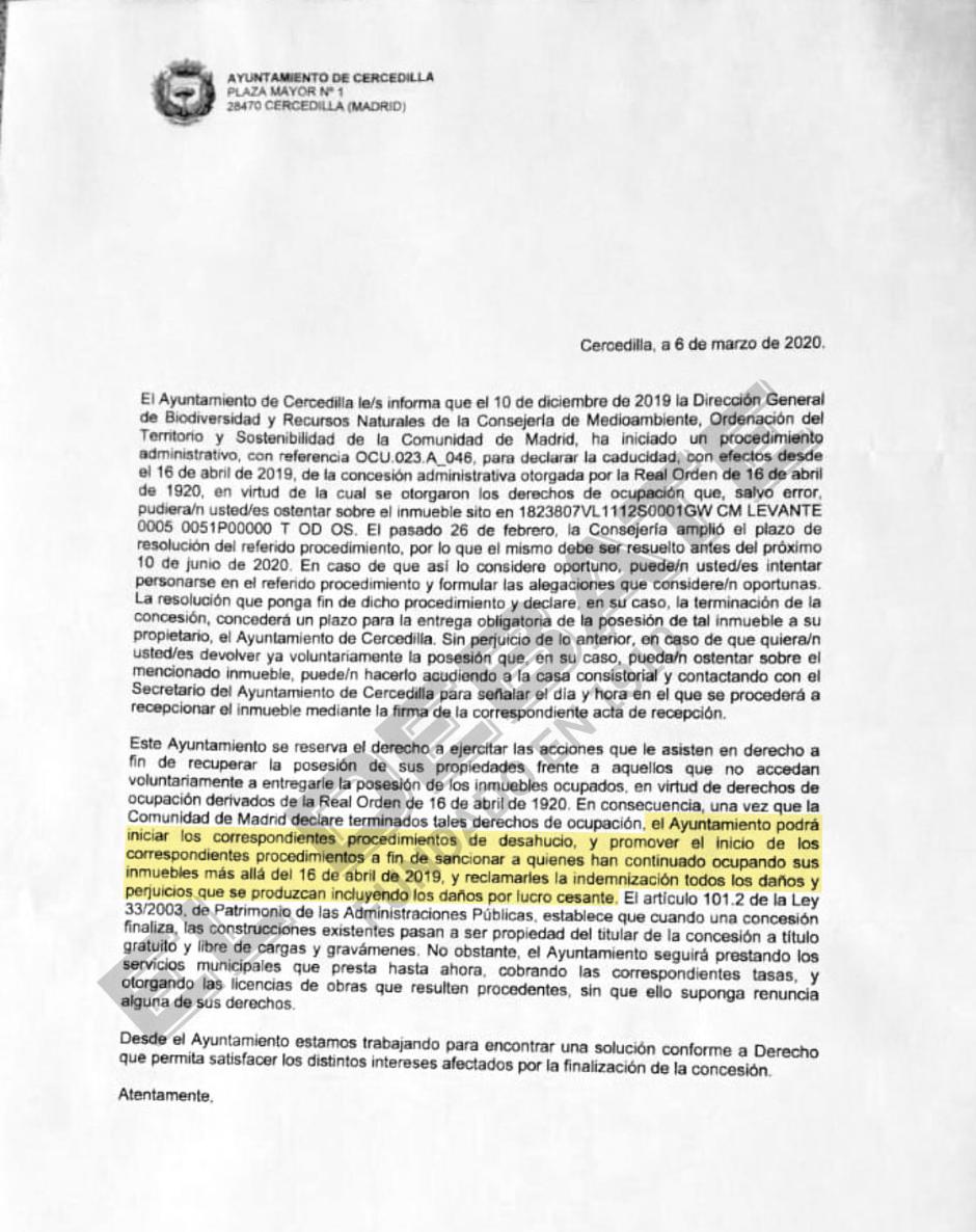 Escrito donde el Ayuntamiento de Cercedilla pide las llaves del chalet de Mónica García