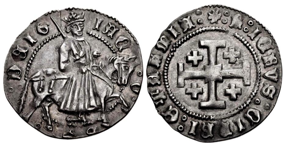 Moneda de plata de Jacobo II de Chipre que muestra a éste a caballo en una cara y la Cruz de Jerusalén en el reverso