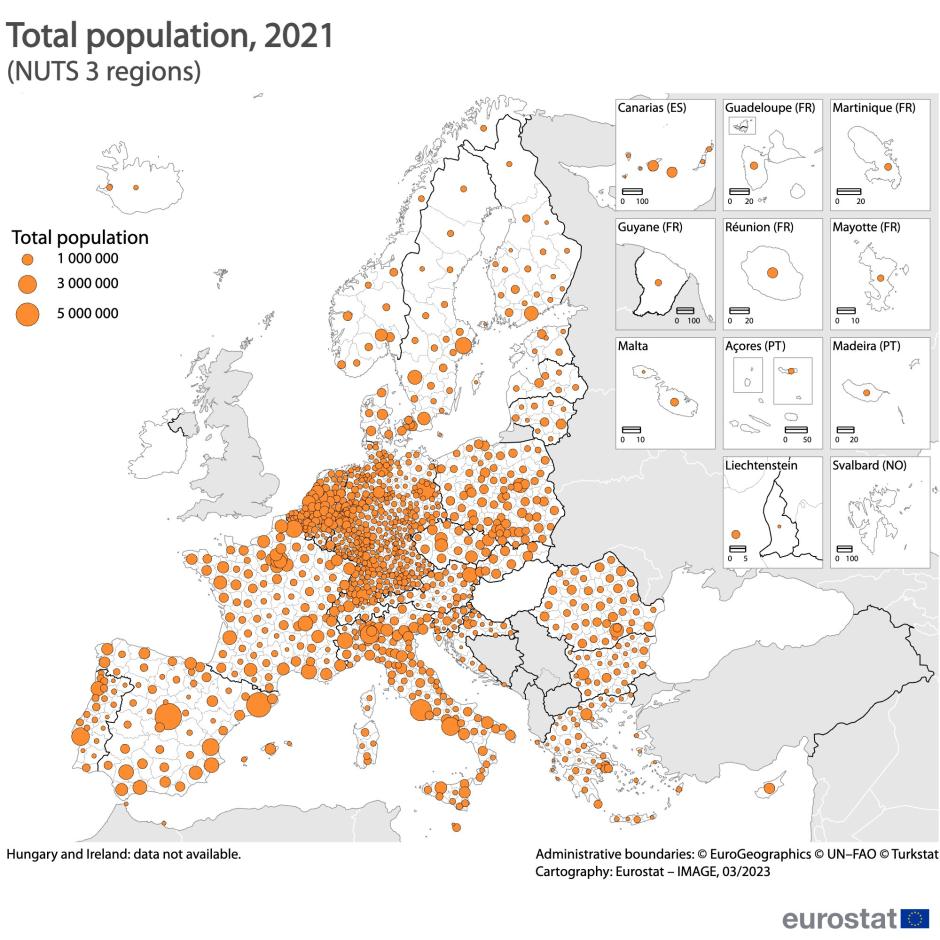 Mapa que muestra la población en Europa
