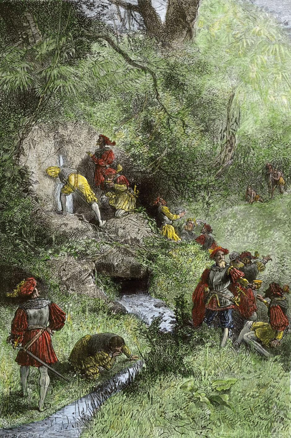 Ponce de León y sus exploradores en Florida buscando la Fuente de la juventud, según un dibujo romántico alemán del siglo XIX
