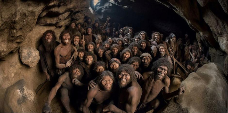 Neandertales en una cueva durante la Edad de Piedra