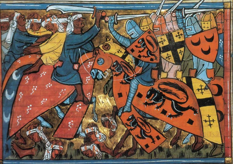 Caballeros cruzados luchan contra sus enemigos sarracenos (musulmanes), París, siglo XIV. Historias medievales