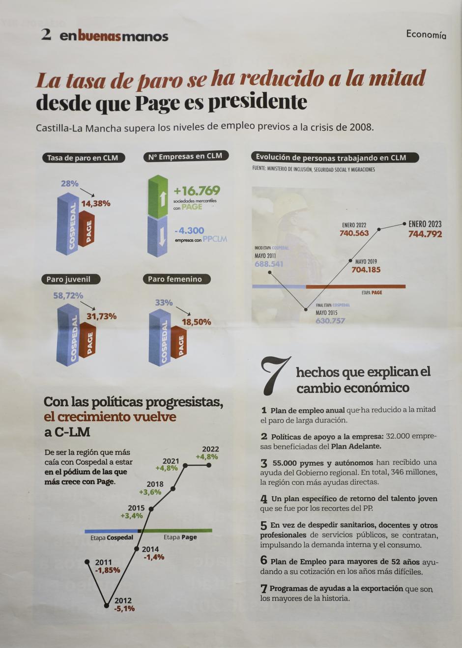 Una de las páginas del periódico que Page está distribuyendo por la región donde no hay rastro del logo del PSOE