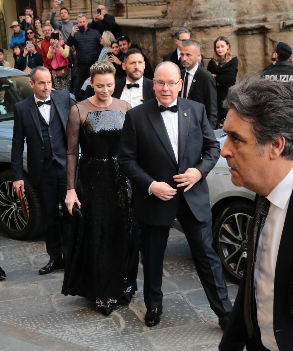 Prince Albert of Monaco and his wife at the Palazzo Vecchio for the gala dinner for the 160th anniversary of the Monegasque consulate in Florence Editorial Usage Only