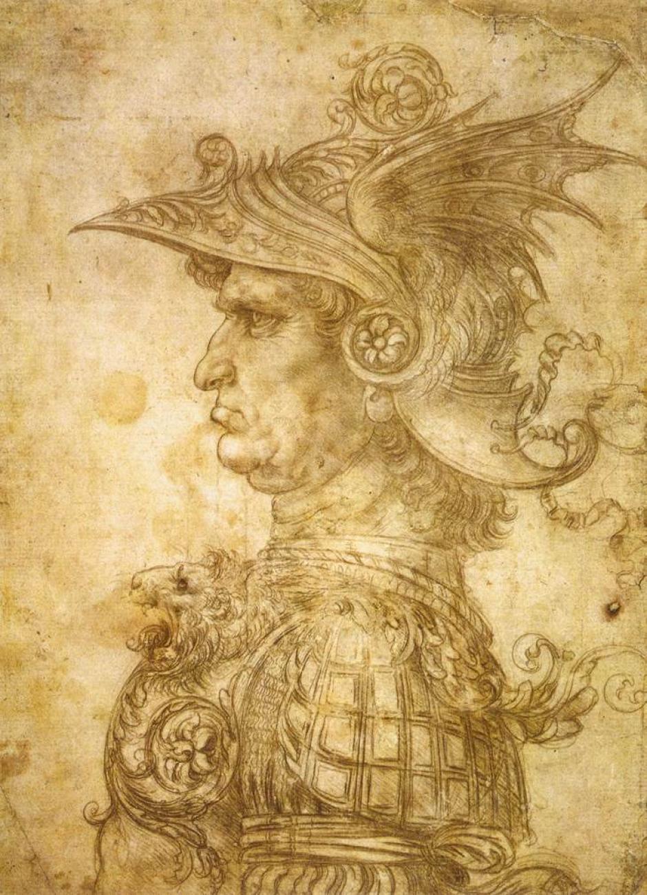 Profilo di capitano antico de Leonardo da Vinci, también conocido como il Condottiero, 1480. Condottiero significaba "jefe de mercenarios" en Italia durante la Baja Edad Media y el Renacimiento.