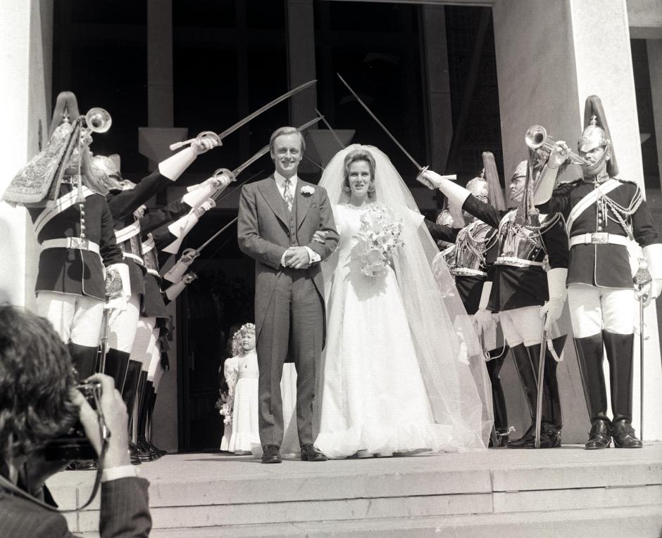Major Andrew Parker Bowles and his wife CAMILLA during their wedding day  at the Guards' Chapel, Wellington Barracks   04.07.1973