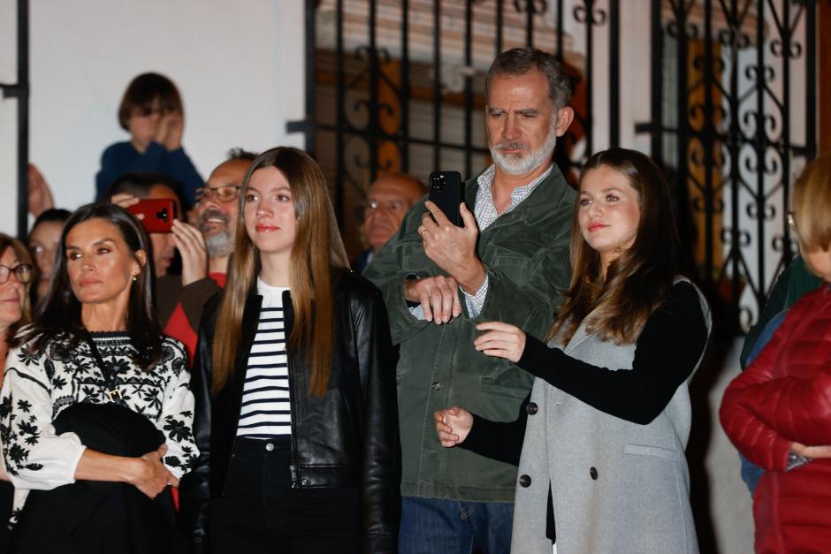 Spanish King Felipe VI and Queen Letizia with  Princess of Asturias Leonor de Borbon and Sofia de Borbon during Holy Week in Chinchon (Madrid) on Saturday 8 April 2023