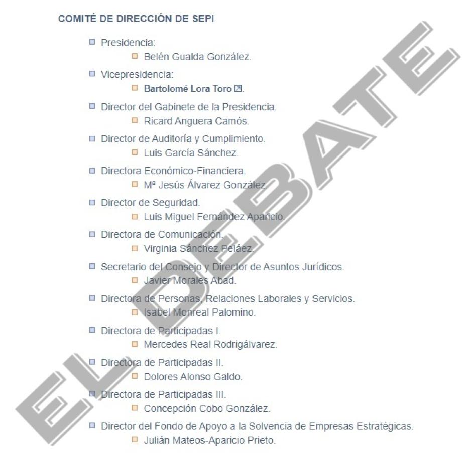 Organigrama actual de la SEPI en el que ya sí aparece Luis Miguel Fernández Aparicio