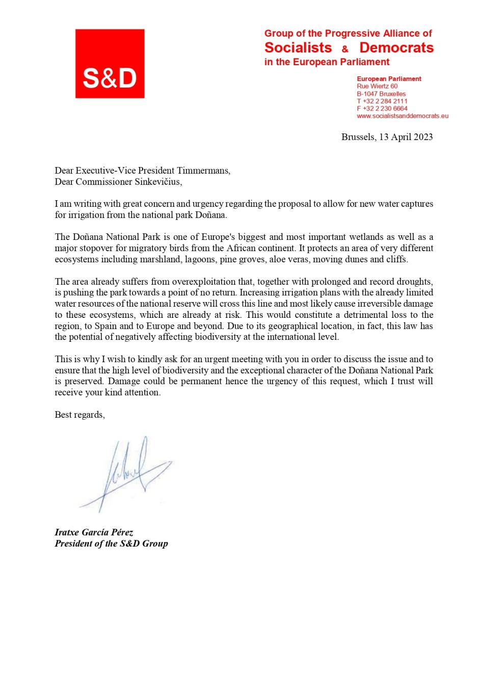 Carta de la socialista Iratxe García a la Comisión Europea sobre regadíos en Doñana