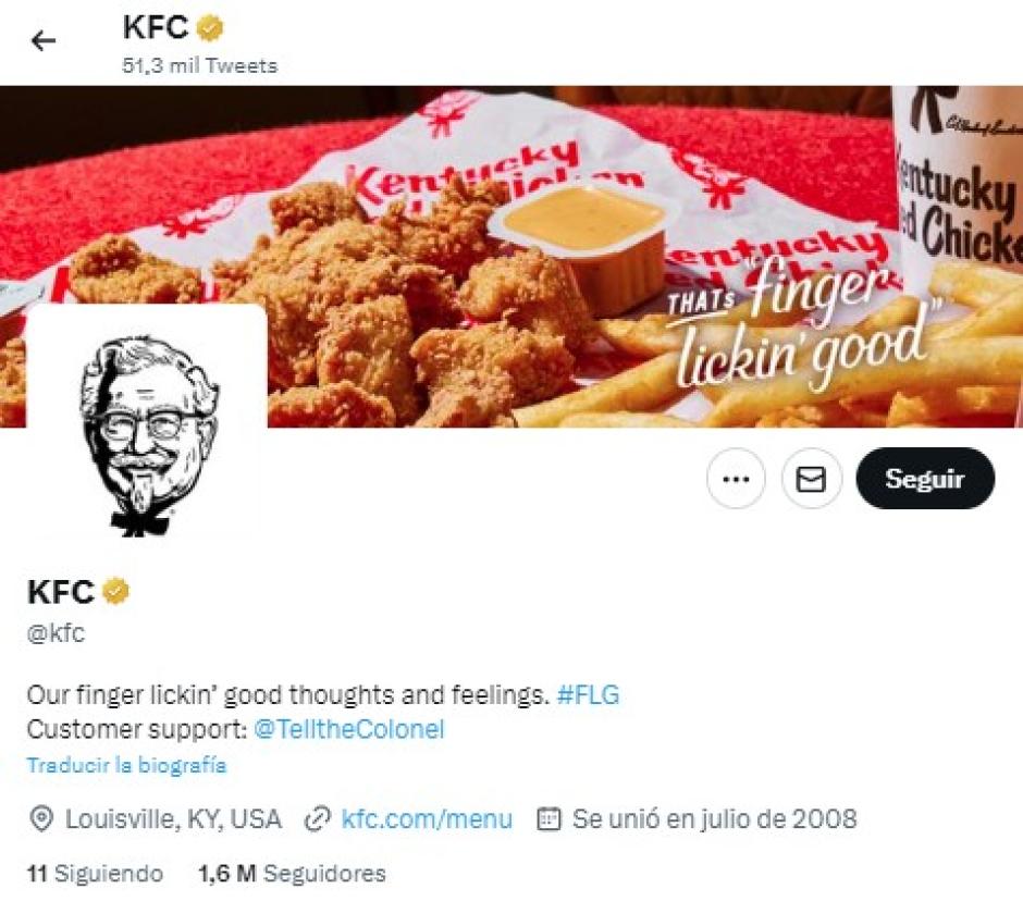 El perfil oficial de KFC tiene más de millón y medio de seguidores, pero solo sigue a 11 perfiles