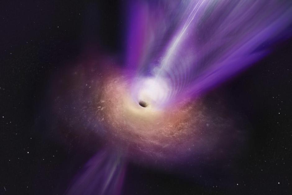 Representación artística en la que el chorro masivo se ve elevándose desde el centro del agujero negro