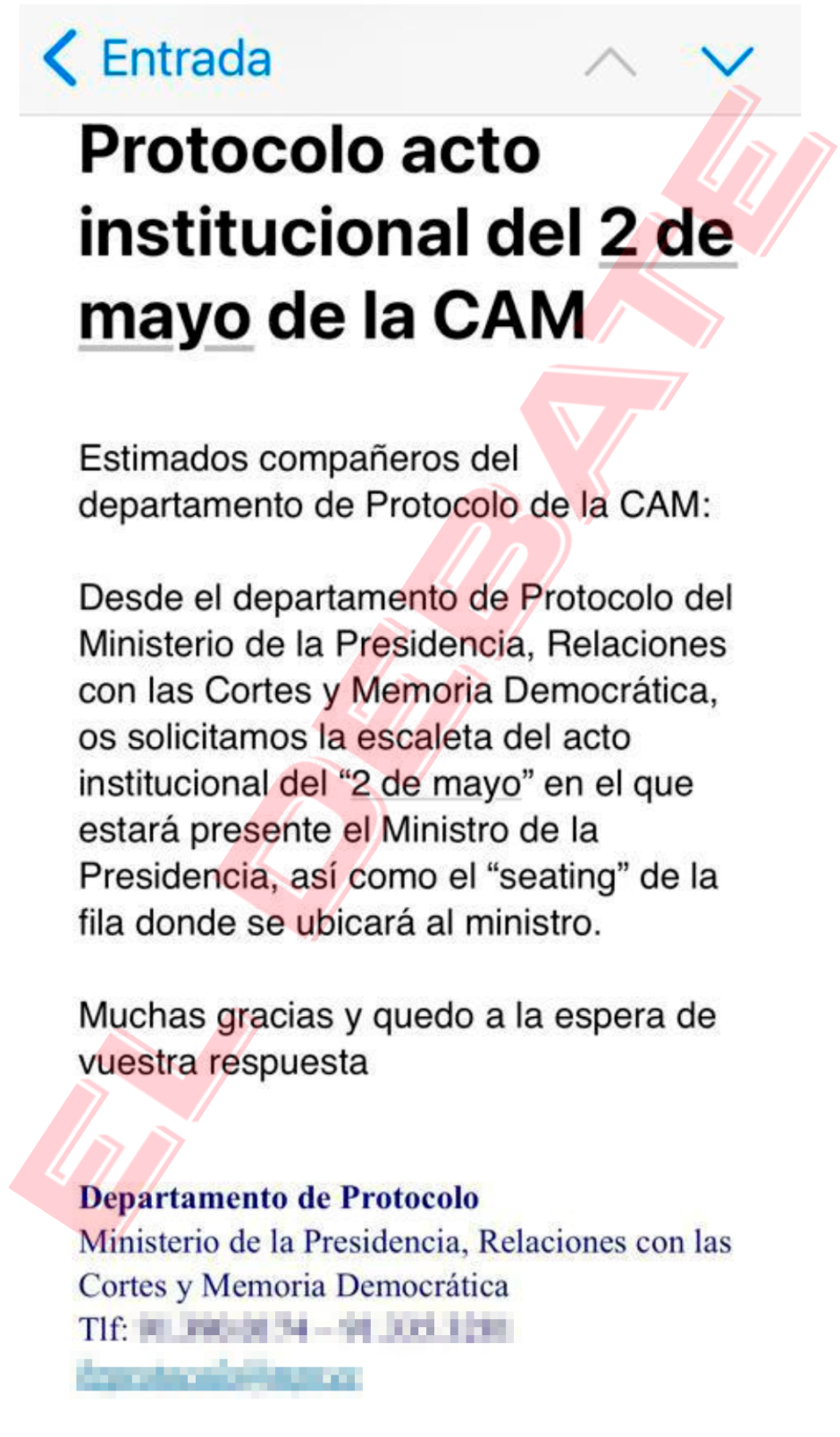 Mail que desde el ministerio de Bolaños se envió a la Comunidad de Madrid