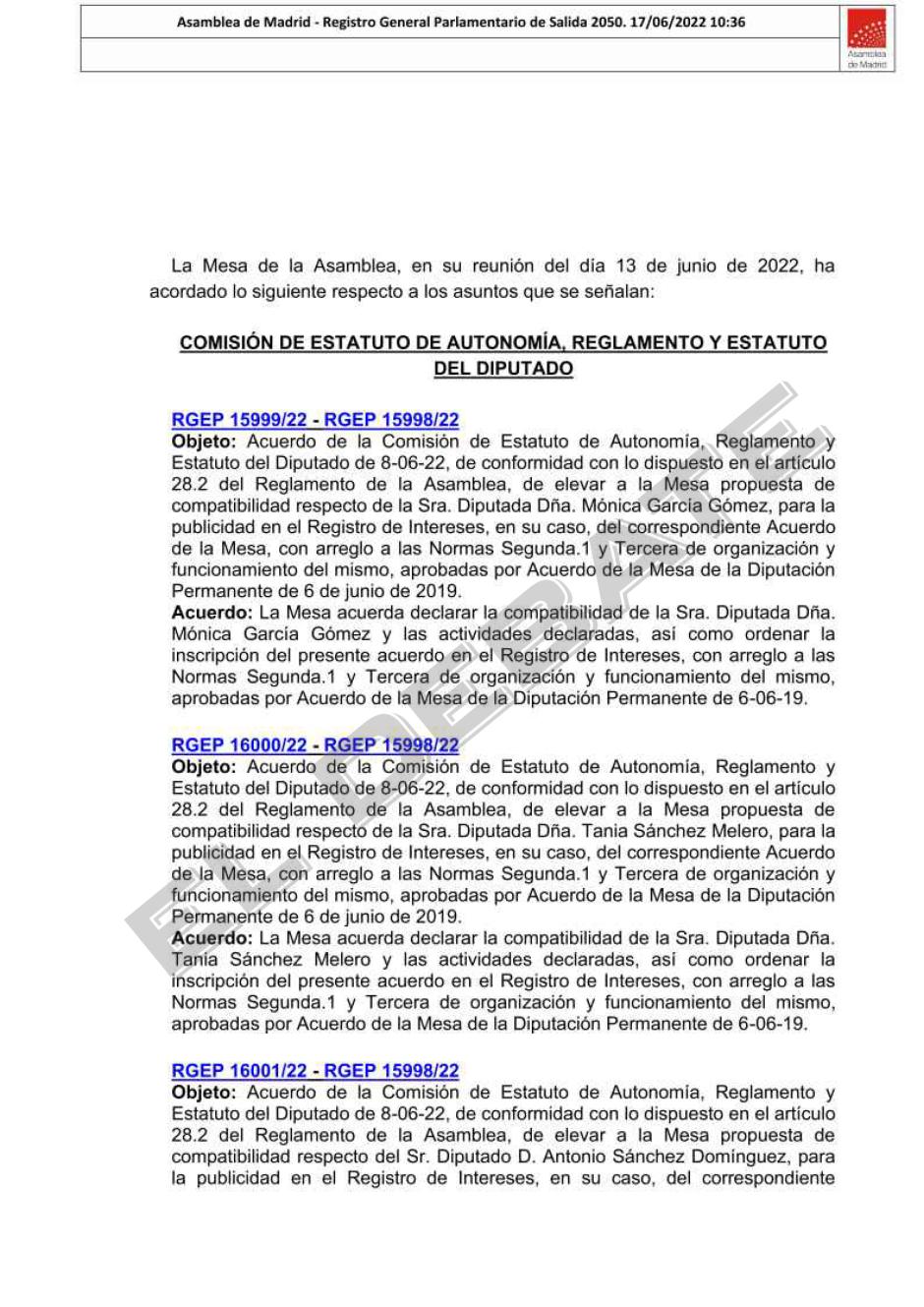 Resolución de la Asamblea de Madrid otorgando la dedicación exclusiva a García