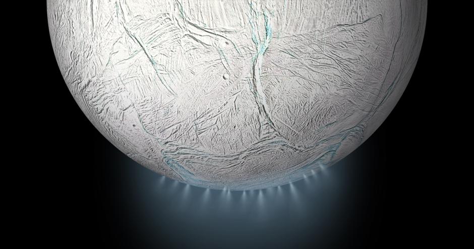 Recreación de la luna Encelado, cuya superficie cuenta con abundantes géiseres