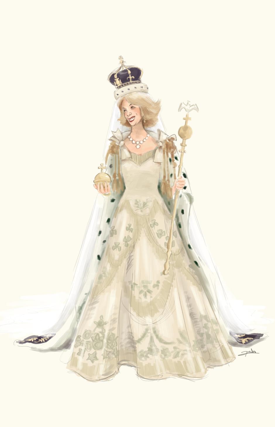 Camila con los atributos reales y el traje de coronación de Isabel II. La coronación de Camila, la boda Real que nunca tuvo.