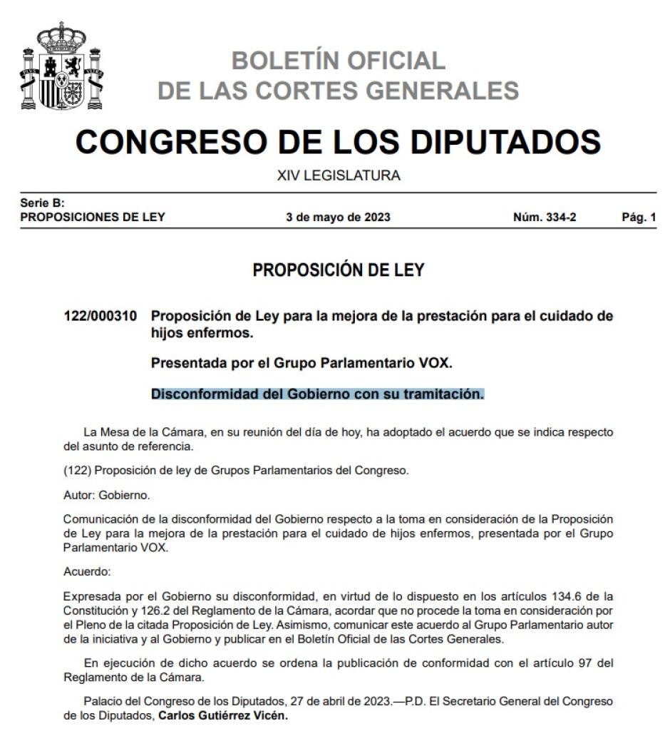 La respuesta del Gobierno desestimando la proposición de ley de Vox