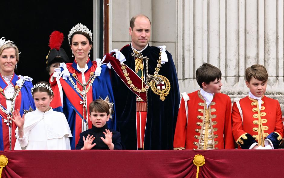 Sophie Duchess of Edinburgh, Princess Charlotte, Kate Middleton, Princess of Wales, Prince Louis, Prince William of Wales and Prince George on the balcony during King Charles III coronation ceremony in London, Britain May 6, 2023.