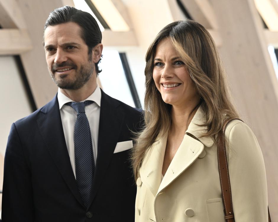Sweden's Prince Carl Philip and Princess Sofia Hellqvist arrive at Aula Medica at Karolinska Institutet in Stockholm, Sweden, April 25, 2023, for a seminar on Neuropsychiatric Disabilities (NPF) research.