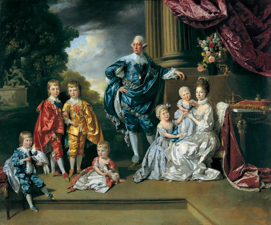 El rey Jorge III con su consorte, la reina Carlota, y sus seis hijos mayores, por Johan Zoffany, 1770