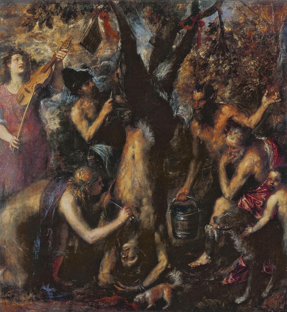 El desollamiento de Marsias, de Tiziano. Algunos investigadores, como Helen Lessore, especulan con que el desollamiento de Bragadin sirvió de inspiración para este cuadro.