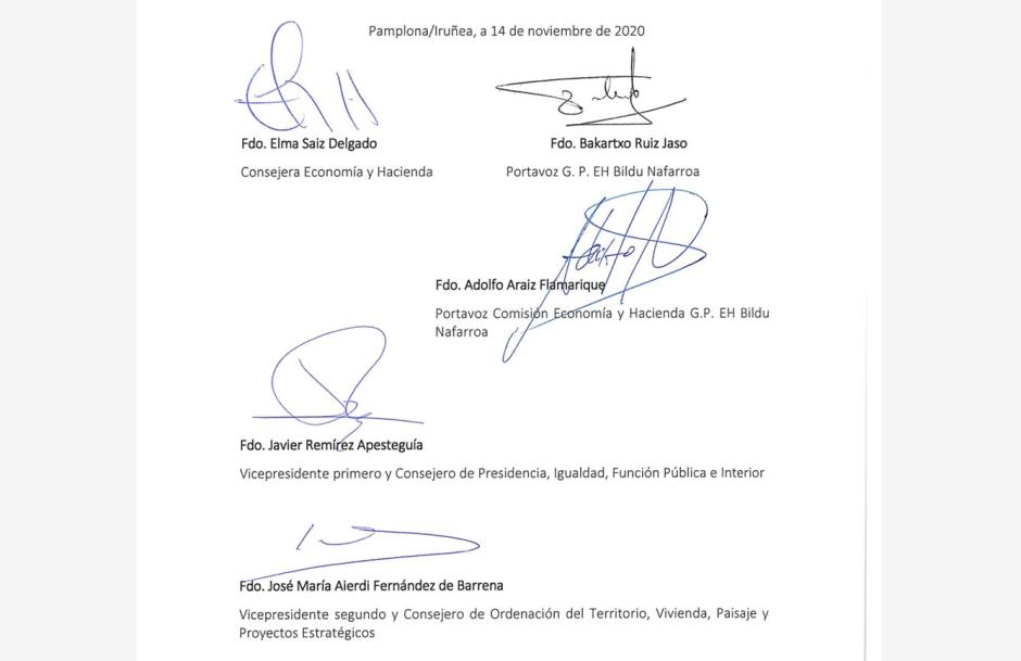 Firmas del PSOE y de Bildu en un documento que garantizaba los Presupuestos de Navarra de 2021