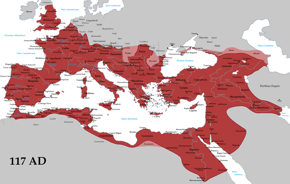 El Imperio romano en su máxima expansión (117, al final del reinado de Trajano)