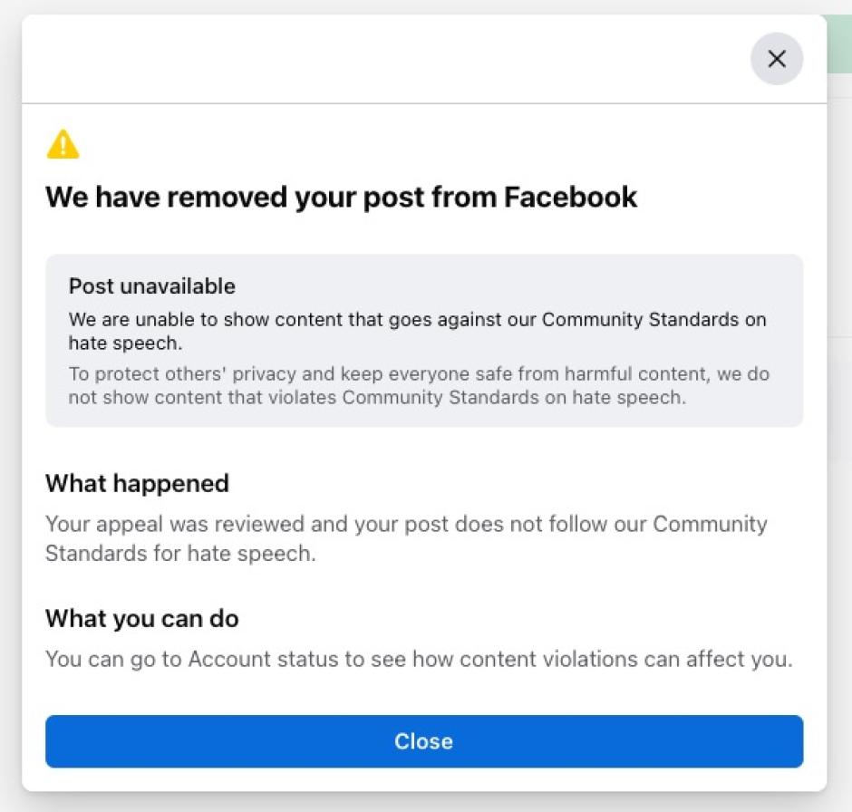 Facebook confirma a Hollowell que su post se considera «discurso de odio»
