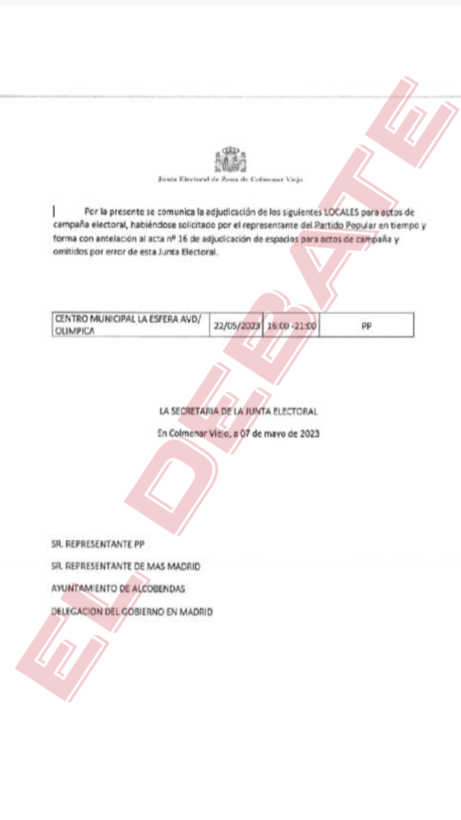Documento donde la Junta Electoral de Colmenar autoriza al PP a celebrar el acto en el lugar solicitado