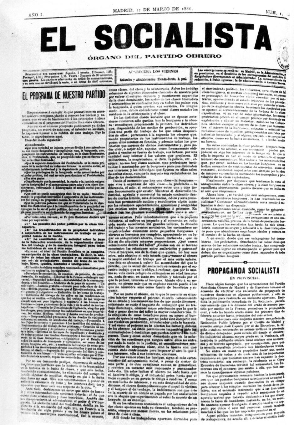 Portada del número 1 del periódico «El Socialista», órgano del Partido Socialista Obrero Español (PSOE) desde su fundación, el 12 de marzo de 1886.