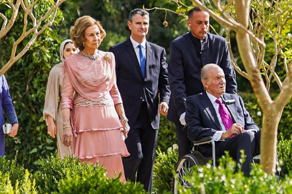 King Juan Carlos and Queen Sofia of Spain during weeding of Al Hussein bin and Rajwa Al Saif  in Amman, on June 01, 2023