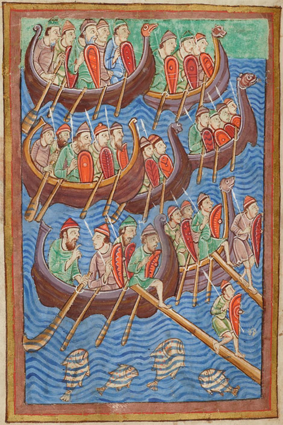 Nórdicos marineros invadiendo Inglaterra. Ilustración iluminada de la Miscelánea del siglo XII sobre la vida de San Edmundo (Pierpont Morgan Library)