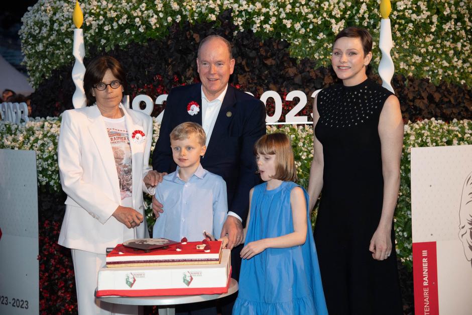 Princess Stephanie of Monaco, Prince Jacques of Monaco, Prince Albert II of Monaco, Princess Gabriella of Monaco and Princess Charlene of Monaco during the celebration to mark the birth of the late PrinceRainer III on May 31, 2023 in Monaco.