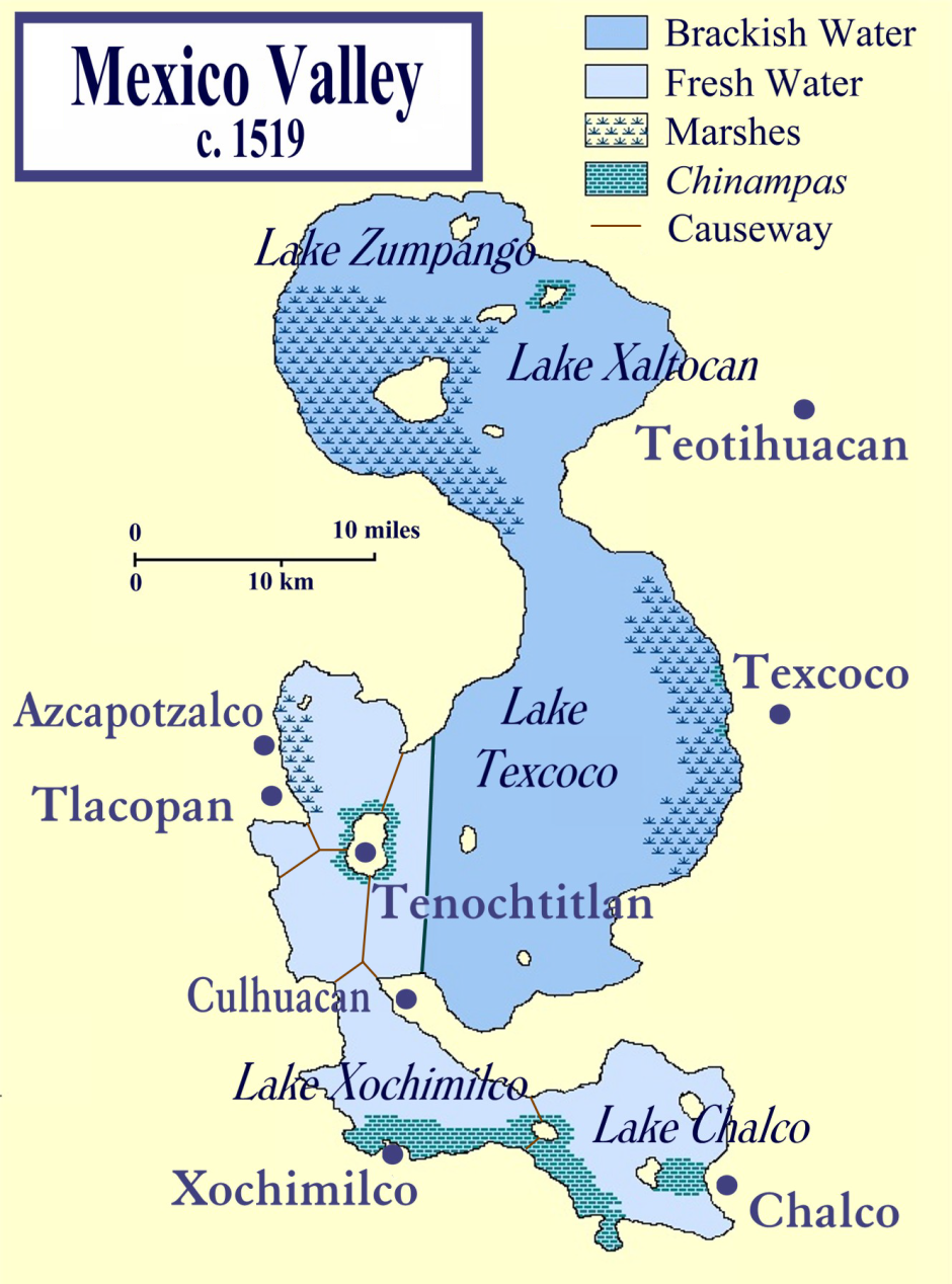 Mapa del valle de México. Nótense las disposiciones de Tenochtitlan, Texcoco, Xochimilco y otras ciudades