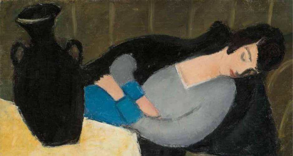 Mujer dormida con jarrón negro (64 x 87 cm, 1927-28), una obra de Robert Berény (1887 – 1953)