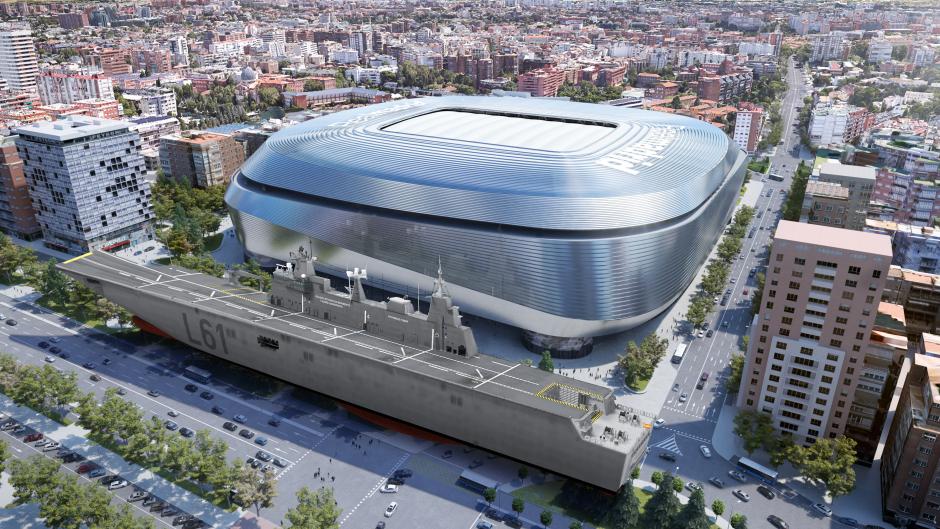 Comparativa del L-61 Juan Carlos I con el estadio Santiago Bernabéu
