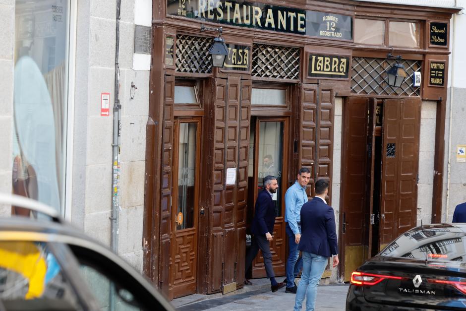 Pedro Sanchez leaving Casa Labra restaurant in Madrid. 23 June 2023