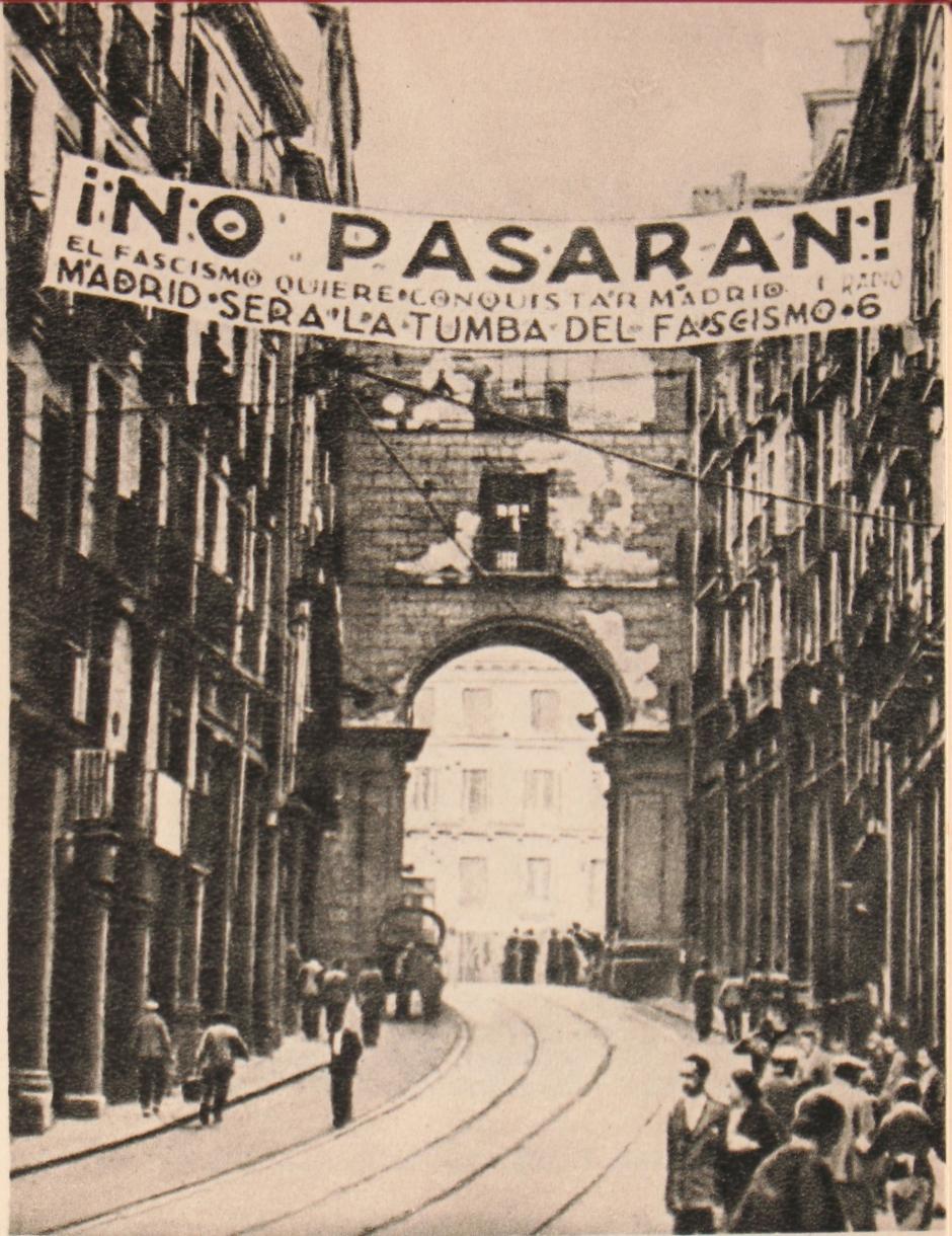 Cartel propagandístico del bando republicano usando el lema "¡No pasarán!" durante la batalla de Madrid