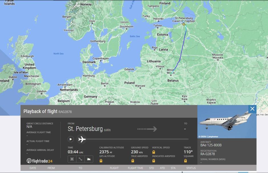 Un avión privado voló desde San Petersburgo hasta Minsk presumiblemente con familiares de Prigozhin