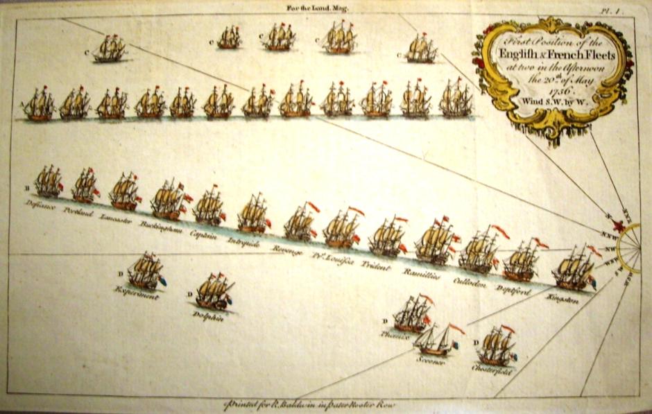 Grabado que muestra las posiciones iniciales de las dos flotas a las dos de la tarde del 20 de mayo