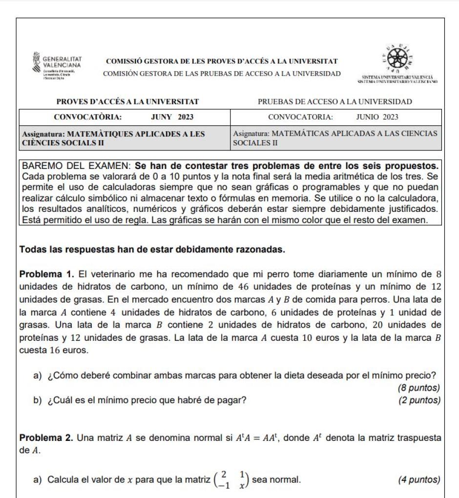 Captura del examen de selectividad de Matemáticas Aplicadas en la C.Valenciana