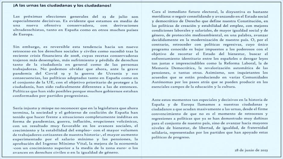 El manifiesto ‘A las urnas las ciudadanas y los ciudadanos’