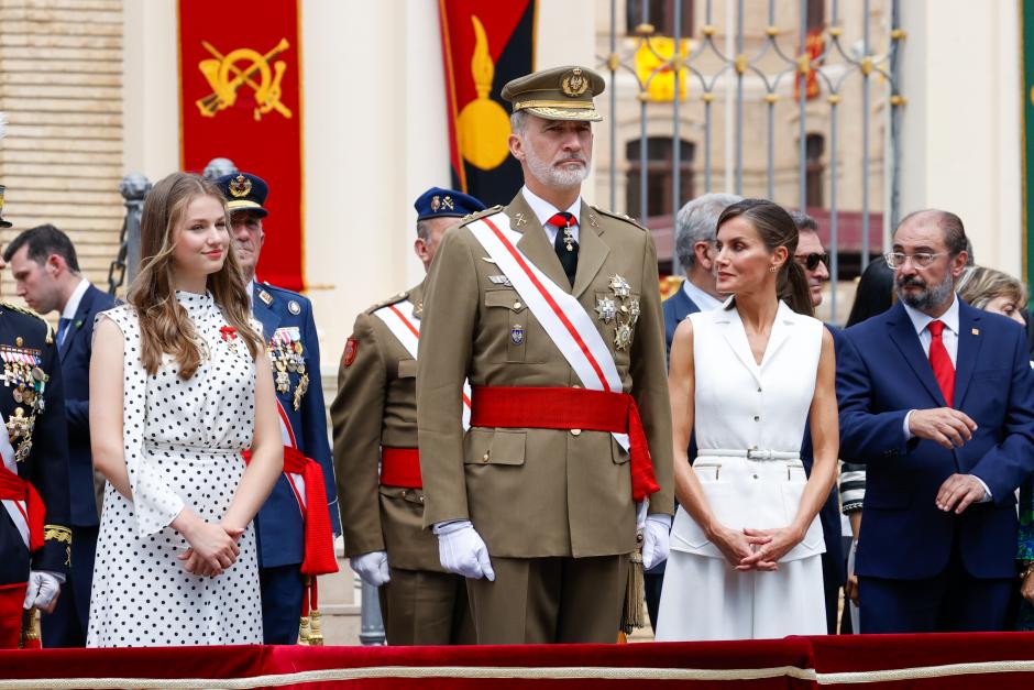 Spanish King Felipe VI and Letizia with Princess Leonor during Entrega de Reales Despachos de Empleo de la Academia Militar in Zaragoza on Friday, 7 July 2023.